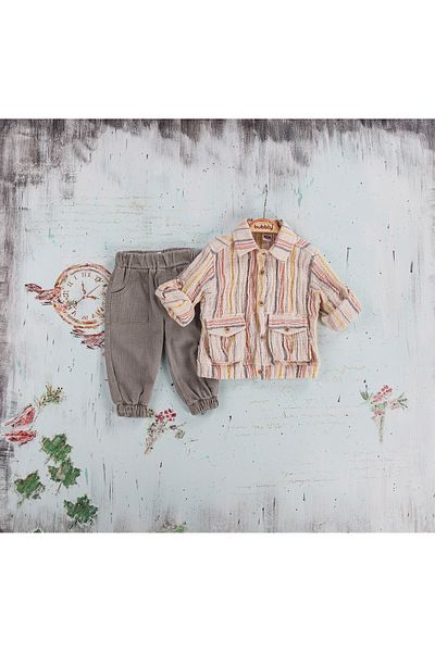Bubbly Baby 100% Cotton Muslin Striped Pocket Cap Long Sleeve Shirt Pants Suit