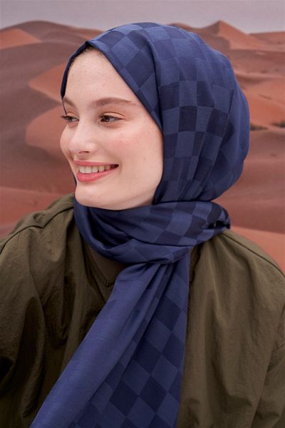 carell Navy Blue Italian Silk Checkers Jacquard Shawl