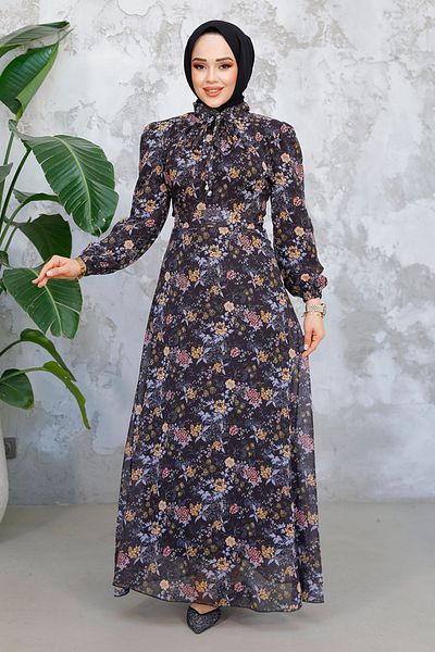 Neva Style Rochie neagră cu hijab cu modele florale 50812S