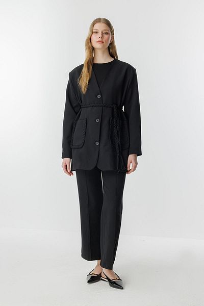 Hooopstore Meri Knitted Rope Detailed Black Jacket Set