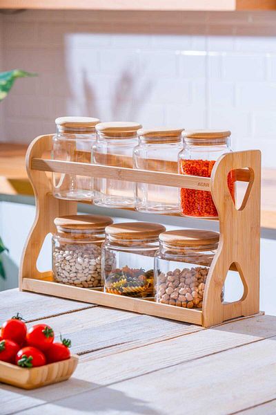 ACAR Malibu Set of 7 Borosilicate Glass Spice Rack with Bamboo Stand
