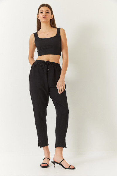 Bianco Lucci Women's Linen Elastic Waist Tie-Up Trousers with Detailed Pockets and Carrot Cut 60261419