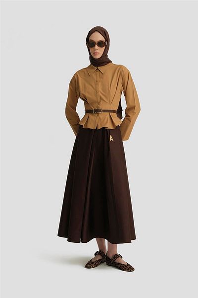 Armine 25Y1807 Model Asymmetrical Cut Brown Pleated Skirt