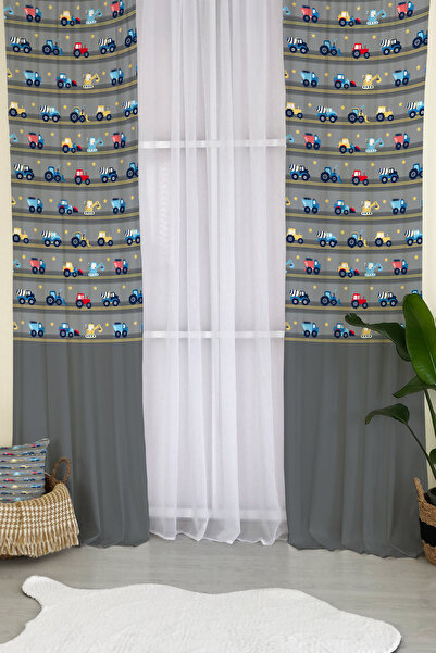 Evmila Traktör Desenli Fon Perde 1487