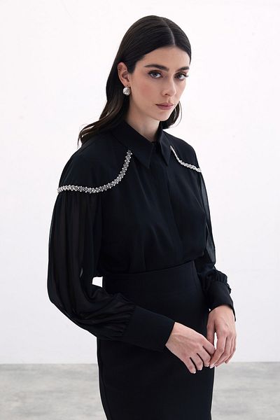 Sateen قميص بأكمام بالونية - أسود