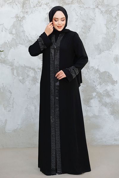 Neva Style Patterned Striped Black Gray Hijab Abaya 18004Sgr