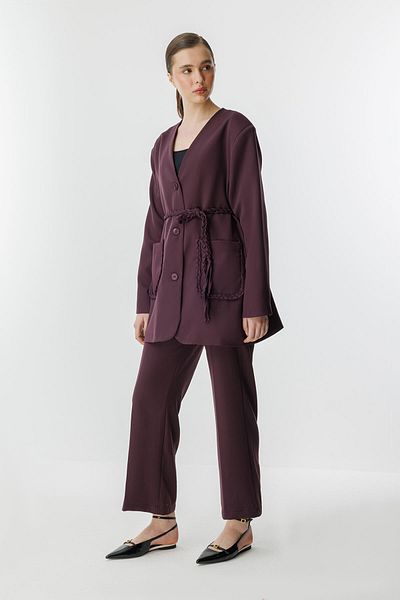 Hooopstore Meri Knitted Rope Detailed Burgundy Jacket Set