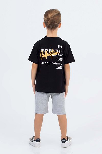 wakawakakidsstore Boys' Suit with Printed Crew Neck Shorts - Black - 5-6 Years