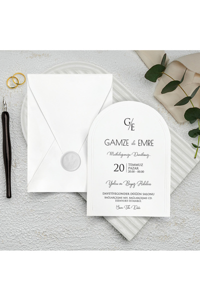 GNDR Mühürlü Beyaz Zarflı Dikey Düğün Davetiyesi - 1012