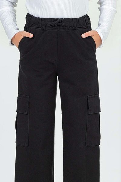 Hopi Kids Girl's Cargo Pocket Wide Leg Trousers - Black - 4-5 Years