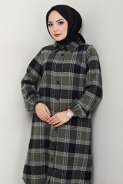 hafsamina Χακί Μακρύ Καρό Ξυλοκόπο Πουκάμισο - HM2652