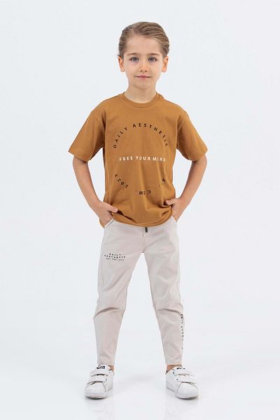 Hopi Kids Set băieți - decolteu, țesătură parașută, pantaloni față și spate, maro, 4-5 ani