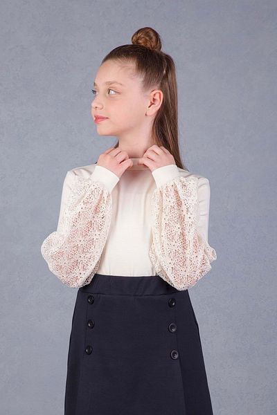 Hopi Kids Lace Sleeves Half-Thigh Collar Girls' Bodysuit - Ecru - 6-7 Years