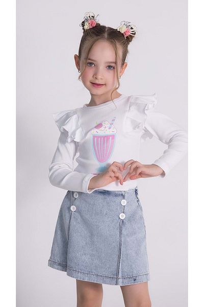 wakawakakidsstore Girls' Suit with Ruffle Sleeves Blouse Front Printed Denim Shorts Skirt