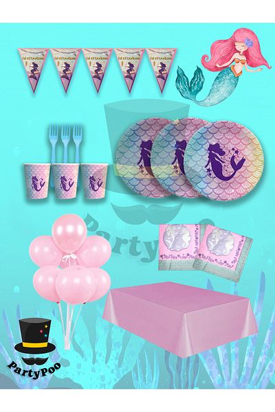 PartyPoo Mermaid Themed Eko2 Birthday Set for 8 People |   Party Supplies and Decorations