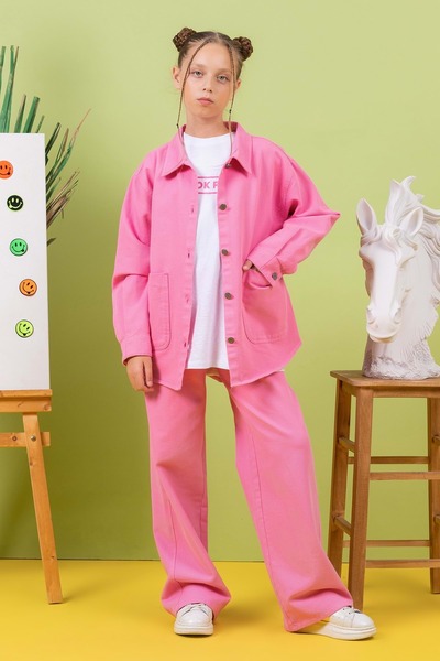 wakawakakidsstore Solid Color Pocket Button Closure Girls' Denim Shirt - Pink - Age 9-10