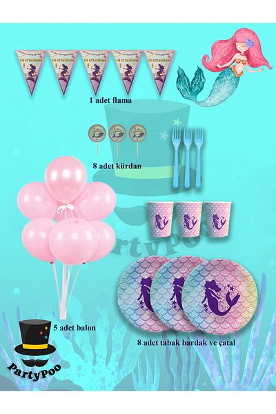 PartyPoo Μίνι σετ γενεθλίων με θέμα Γοργόνα για 8 άτομα |   Προμήθειες και διακοσμήσεις για πάρτι