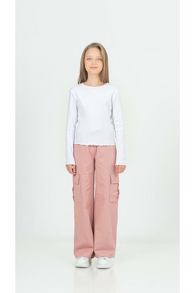 Waka Waka Gabardine Girl's Trousers - Powder, Cargo Pocket and Elastic Waist, Cord Tie - Age 4-5