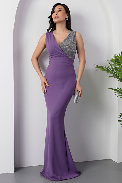 PULLIMM Kruvaze Yaka Uzun Balık Abiye Elbise 13213