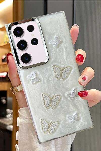 3GEN CASE غطاء صلب لامع لهاتف سامسونج جالاكسي S23 الترا متوافق مع شريط حجري ثلاثي الأبعاد على شكل فراشة وقلب لامع