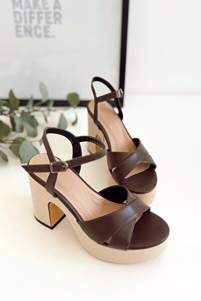 POLKA STORE Linen Coated Platform Cross Strap Bitter Brown Open Toe High Thick Heeled Women's Shoes