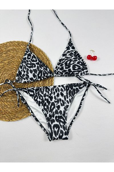 XORVİO Women's Bikini Set Young Bikini Set Leopard Black White Patterned Stretchy Lycra Stylish Drawstring I