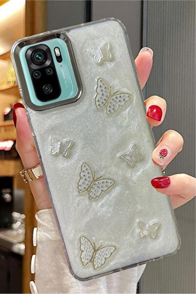 3GEN CASE غطاء صلب لامع لهاتف Xiaomi Redmi Note 10 متوافق مع شريط حجري ثلاثي الأبعاد على شكل فراشة وقلب لامع