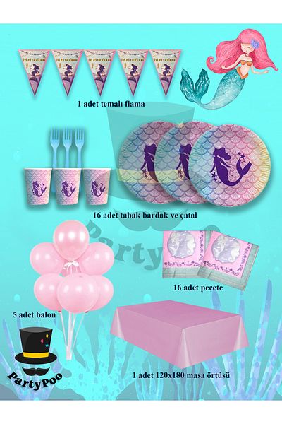 PartyPoo Mermaid Themed Eko2 Birthday Set for 16 People |   Party Supplies and Decorations