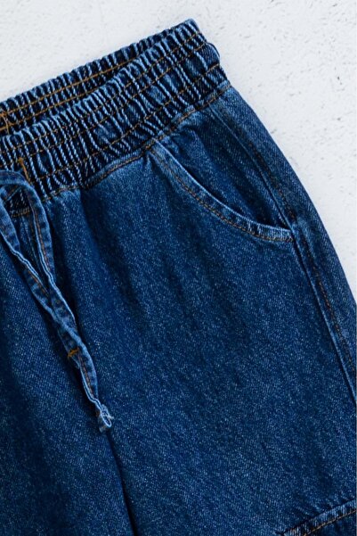 Genel Markalar Kargo Cepli Beli Paçası Lastikli Kordonlu Kız Çocuk Kot Pantolon - Indigo - 10-11 Yaş