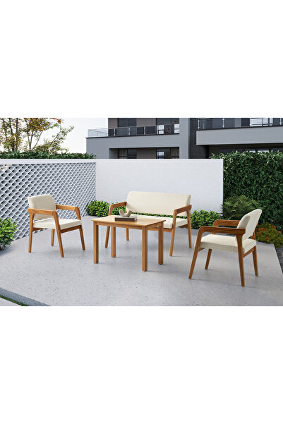 Viento Mobilya Eliza Çay Seti Naturel Ahşap İskelet Bukle Kumaş Balkon, Mutfak, Bahçe Kış Köşesi 2+1+1+Sehpa