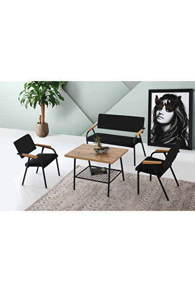 Viento Mobilya Hayal Çay Seti Siyah Metal İskelet Babyface Kumaş Balkon, Mutf...