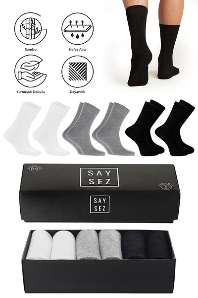 SAYSEZ Men's Bamboo Socket Long Socks - Black, White, Gray 6-Piece Gift Premium Set