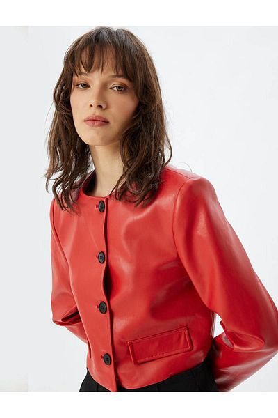 Koton Faux Leather Crop Blazer - Round Neck and Button