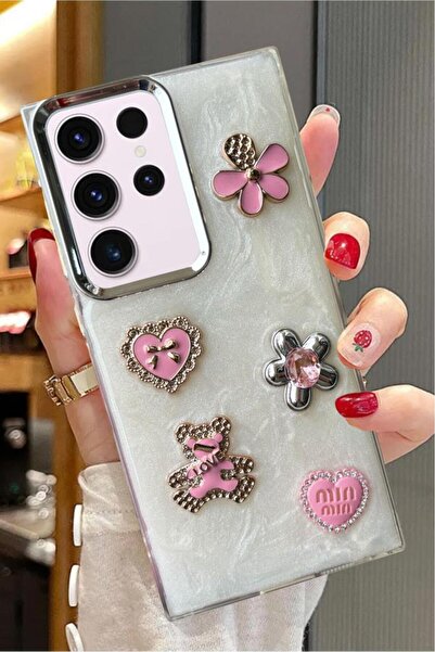 3GEN CASE غطاء صلب لامع لهاتف سامسونج جالاكسي S22 الترا متوافق مع شريط حجري ثلاثي الأبعاد على شكل فراشة وقلب لامع