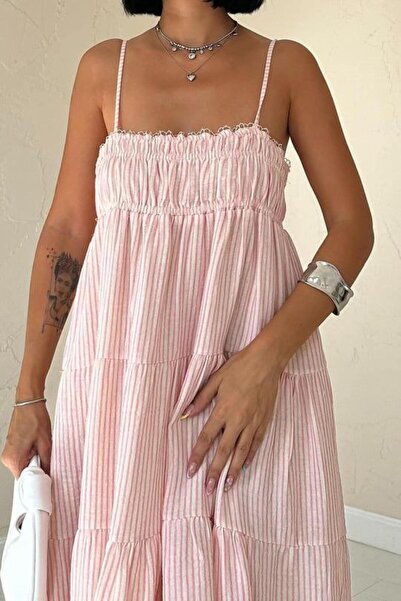 ZISHAN İp Askılı Çizgili Gipe Detaylı Keten Kumaş Yazlık Elbise 4201