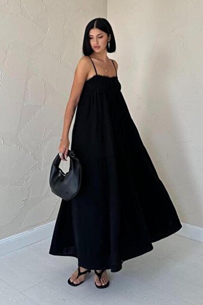 ZISHAN İp Askılı Parçalı Desen Yumuşacık Müslin Kumaş Gipe Detaylı Yazlık Kadın Elbise 4198