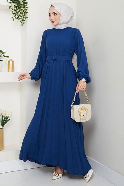 hafsamina Blue Aerobin Dress - Belt and Pleated Hm2339