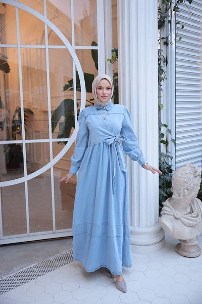 OlaLady Rochie de damă din denim hijab cu brâu lateral