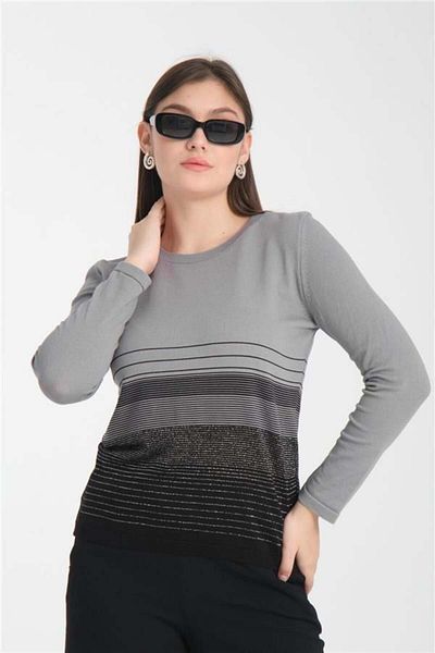 Moda Days Thin Fabric Women's Gray Black Lurex Crew Neck Striped Knit Blouse