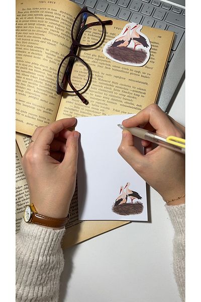 Handeto Kraft Stork Themed Notepad Pull-Pull Notebook, Glue-On Memo Pad, A6, Unlined Notebook, Adhesive Memo Pad