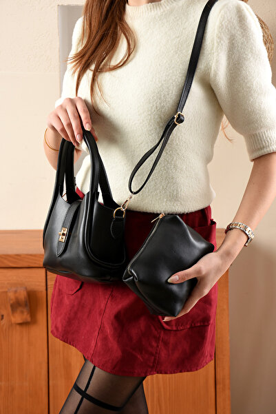 ESTUTE Kadın Kilit Detaylı Kaliteli Deriden Çapraz Çanta Omuz çantası Makyaj ...