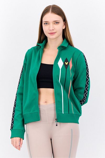 Lyle & Scott Women Spread Collar Brand Logo Long Sleeves Full Zip Sweatshirt, Green Combo