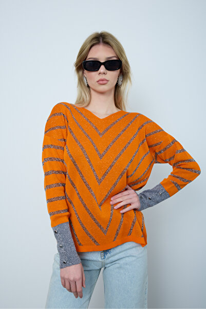 Clothes Fast Women's Orange Glitter V-Neck Sweater