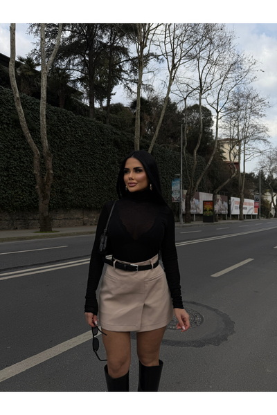 LB Laluna Butik Fusta de damă bej cu talie înaltă, cu buzunare, cu pantaloni scurți în interior