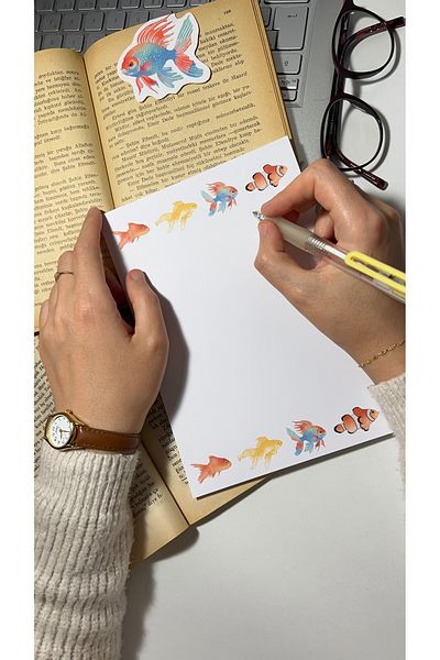 Handeto Kraft Fish Themed Notepad Pull Pull Notebook, Glue Memo Pad, A5 Notebook, Unlined Notebook