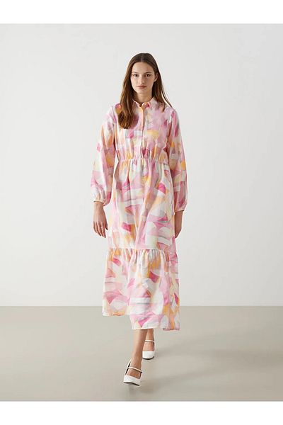 LC Waikiki Lcw Modest Orange Shirt Collar Print Women's Dress