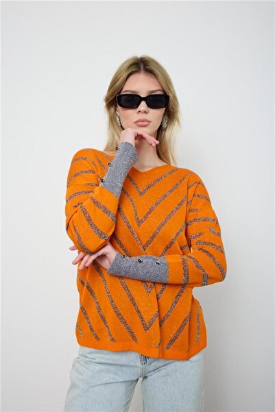 Moda Days Γυναικεία πλεκτή μπλούζα με λεπτό ύφασμα με κουμπιά, πορτοκαλί ασημί λευκό, με λαιμόκοψη σε σχήμα V