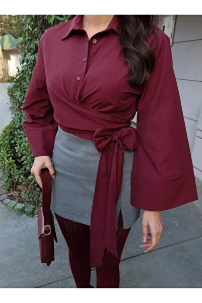 nura kadın trend yeni sezon önden baglamalı tesettüre uygun geniş kol gömlek bluz