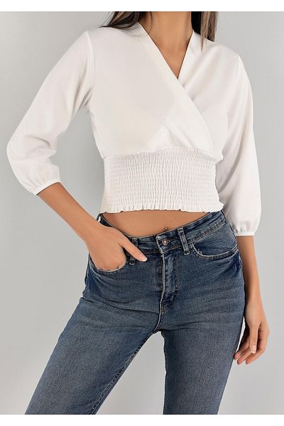 Modabenna White Double Breasted Collar Gimped Blouse Tunic Crop Trend New Season Crop Body