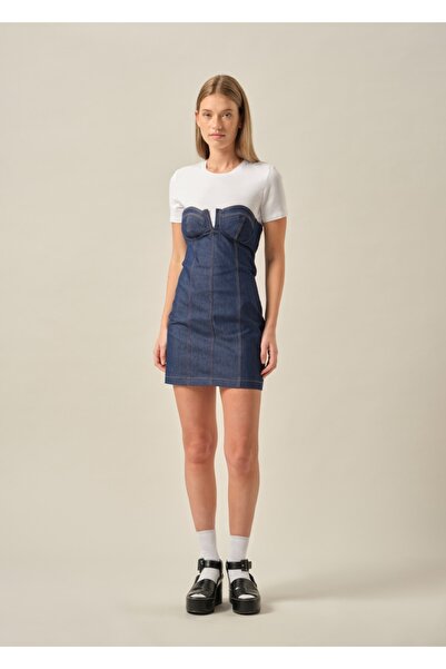 FK PYNAPPEL Denim Kalp Yaka Mini Elbise Mavi